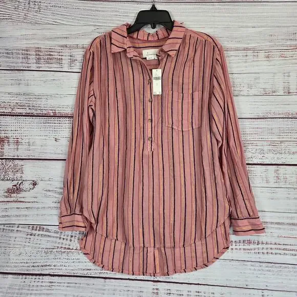 Anthropologie Isadora Button Back Tunic Top S Pink Gold Stripe Popover Shirt NWT - Picture 2 of 13